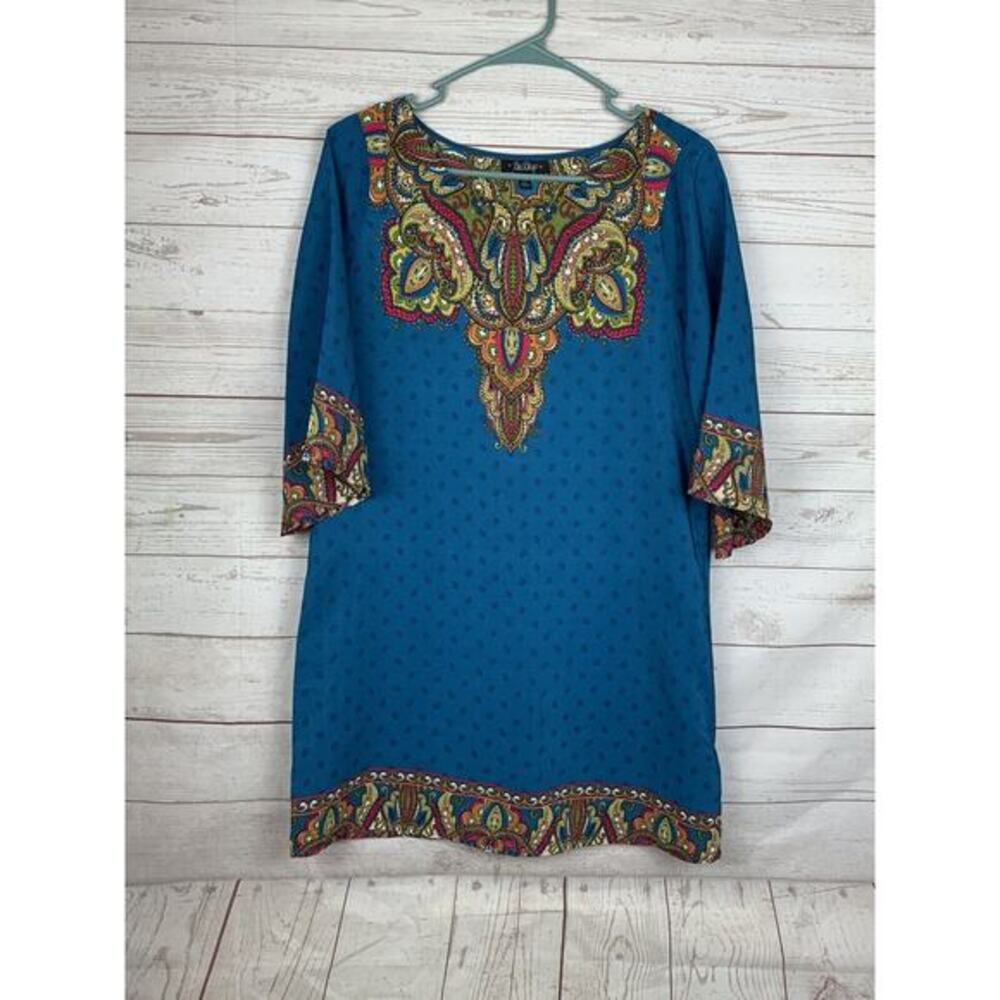 Bebop Boho Sheath Dress Turquoise paisley Ladies small 3/4 sleeves